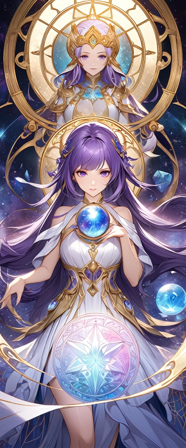 A woman with long silver-white and purple hair in a dress is holding a crystal ball and an astrology device, Mysterious runes magic circle background.digital art by Cynthia Sheppard, PIXIV, fantasy art, Beautiful celestial mage, anime fantasy artwork, Goddess of Heaven, Anime art nouveau universe display, Time Goddess, Anime Fantasy Illustrations, Detailed key animation art, Beautiful fantasy anime, Shadowverse Style, galaxy goddess