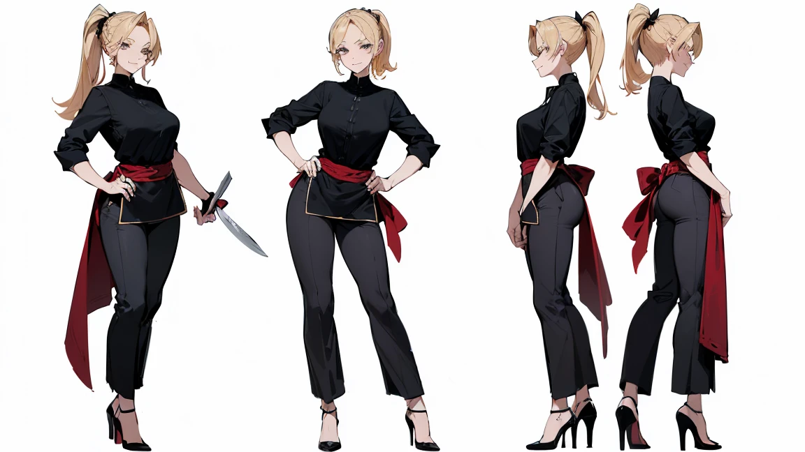 (((character sheet, character design))), ((UHD, High details, masterpiece)), (mature woman, butcher), (fancy appearance, simple clothing:1.2), blonde pixie with a long ponytail, ((black shirt, velvet slim trousers, high heels)), large leather apron, wielding meat cleaver, (standing tall in welcoming pose with a warm smile), (((white background)))
