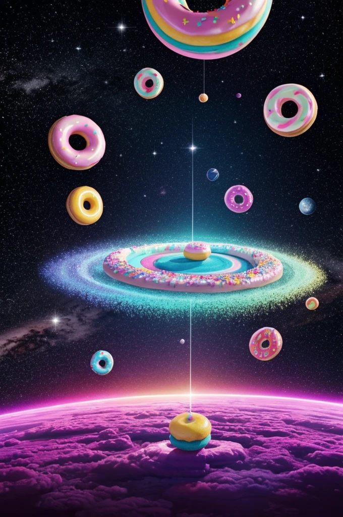 "Imagine a surreal landscape where mini donuts float in the air like colorful planets in a sweet and delicious universe. The donuts shine with vibrant colors and are surrounded by sugar stars that light up the sky. The stage is full of magic and joy, inviting everyone to immerse themselves in a world of flavor and fun." 