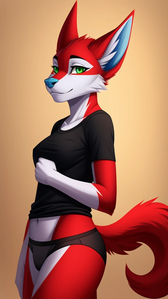 Furry sergle female anthropomorphic white fur green eyes blue nose red tail wearing a black shirt and underwear full body 