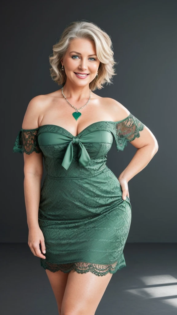 1 mature woman in, age50, Solo, casual hair, curvy body, Looking at Viewer, grayhair, Bare shoulders, Brown eyes, jewely, Full body, a necklace, off shoulders, (wearing elegant patterned dark green tie tube Lacy dress), Distant photo, Realistic, A sexy one, beautiful colour, Perfect skin, 3 bust size, instagram (Realistic, A high resolution),photo size 3:4, 1 cute sexy mature woman, large expressive blue eyes, happy, (8K, raw photo, Best quality, High detail, curvaceous forms, curvy body, seductive pose, sitting on the sofa, in the studio Foto with three ports lighting, with black wall background.