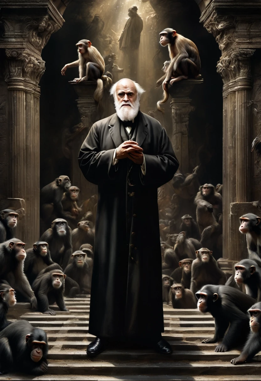 (best quality,4k,highres,masterpiece:1.2),ultra-detailed,(realistic,photorealistic,photo-realistic:1.37),Charles Darwin nailed to cross,monkeys looking on with fascination,portraits,oil painting,religious symbolism,painful expression,intense lighting,scientific discovery,clash of worlds,contrast in cultures,curious primates,divergent beliefs,dark background,deep shadows,sacrifice for knowledge,astonished gaze,striking composition,detailed depiction,emotional impact,captivating scene,stop motion effect,profound concept,masterful execution,monochrome color scheme,alive with meaning,visual storytelling,captured moment,eye-catching image,resolute character,awe-inspiring,history and biology intertwined,ironic juxtaposition,thought-provoking,artistic interpretation,tension in the air,religious iconography,animals as spectators,complex themes,intense focal point,rich texture.