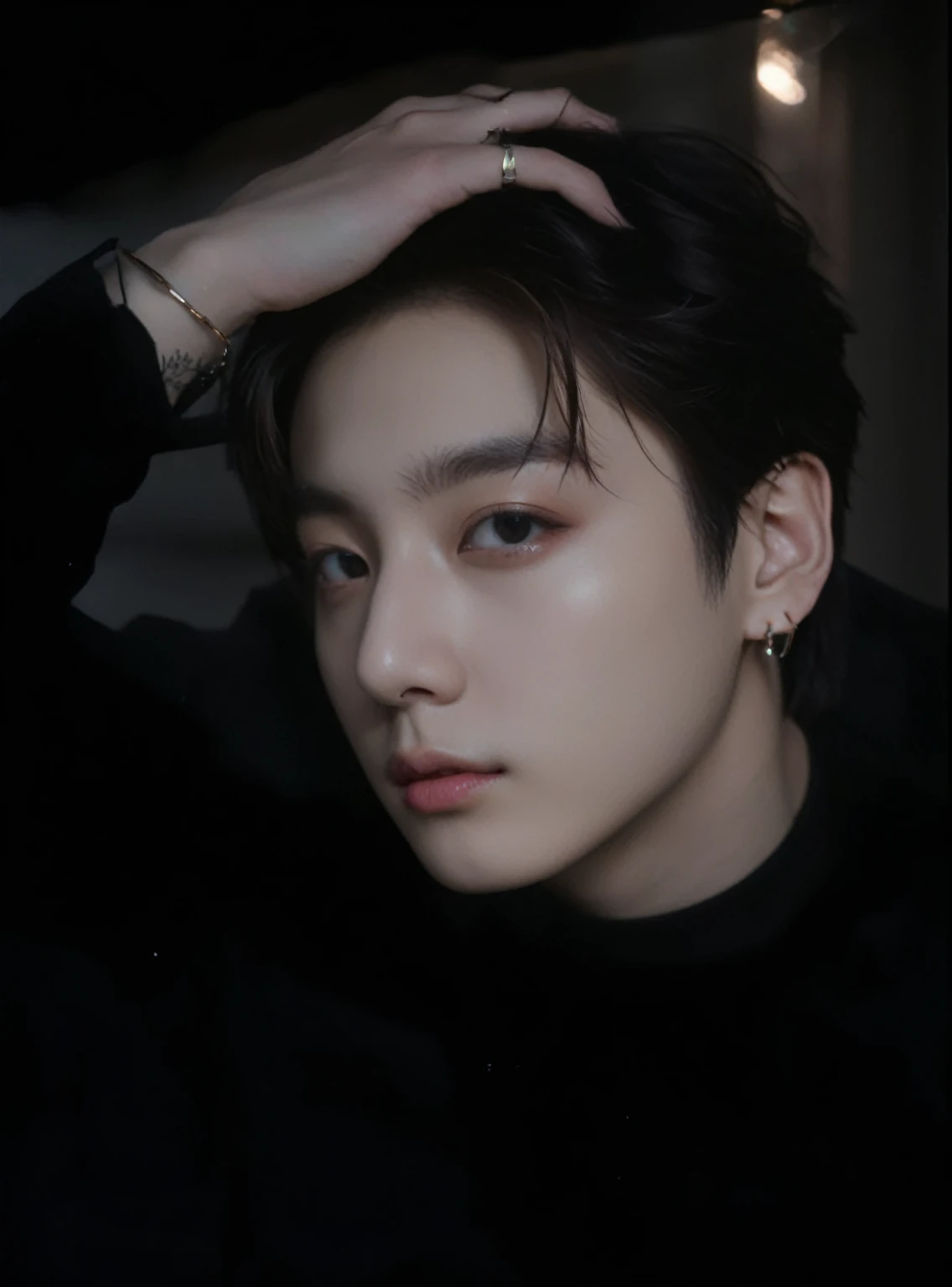 a closeup of a person wearing a black shirt , inspired by jungkook, 8 K, young pale angel, pale korean face,