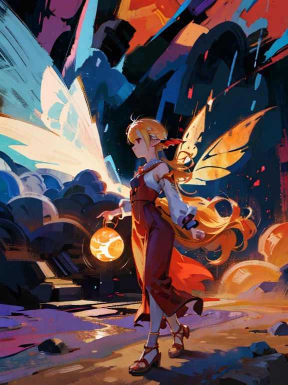 Fairy girl with wings and a fire orb in hand, red ring in finger, Classic Long Dress, Fairy Wings, Red eyes and Blonde Hair, Golden Hair, Serious face, detailed hands, magic, arcane powers, RPG Character, pointy ears, look serious, casting a spell, walking in nature, horizon behind, city, fire, 4k, full hd, detailed image, high quality image