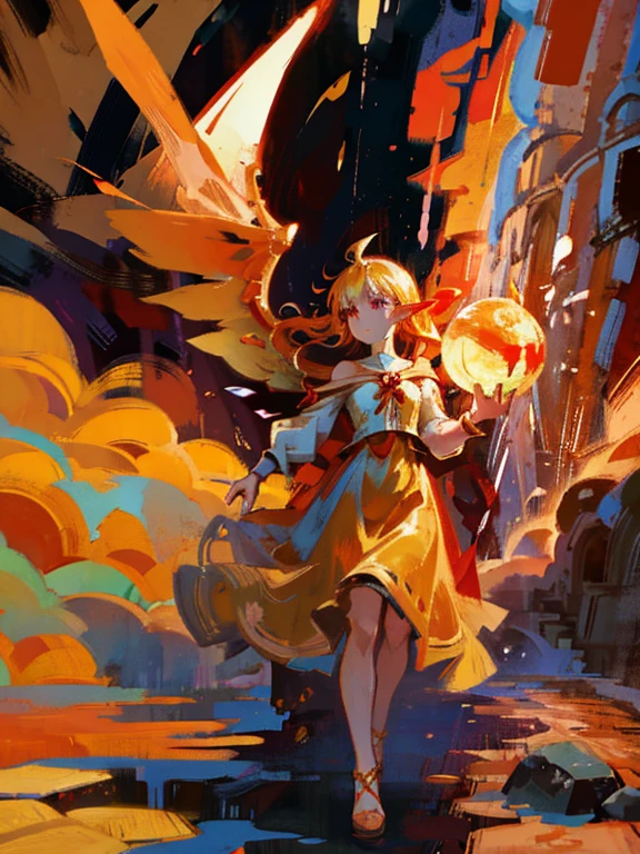 Fairy girl with wings and a fire orb in hand, red ring in finger, Classic Long Dress, Fairy Wings, Red eyes and Blonde Hair, Golden Hair, Serious face, detailed hands, magic, arcane powers, RPG Character, pointy ears, look serious, casting a spell, walking in nature, horizon behind, city, fire, 4k, full hd, detailed image, high quality image