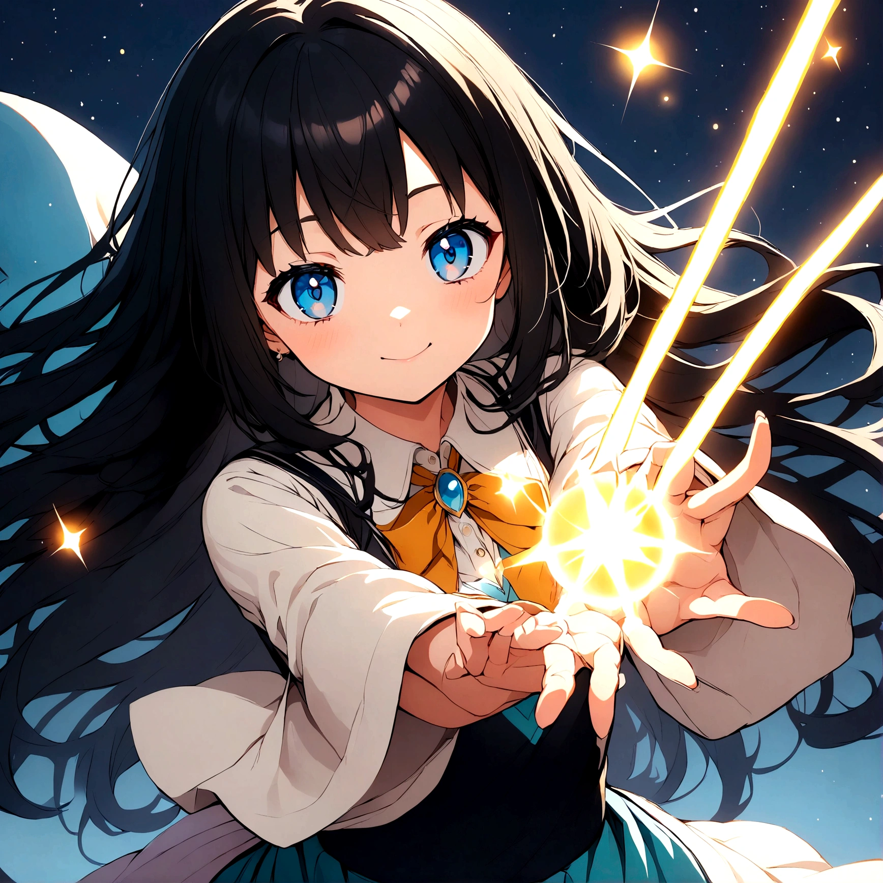 Anime girl with long black hair and blue eyes Mystical version