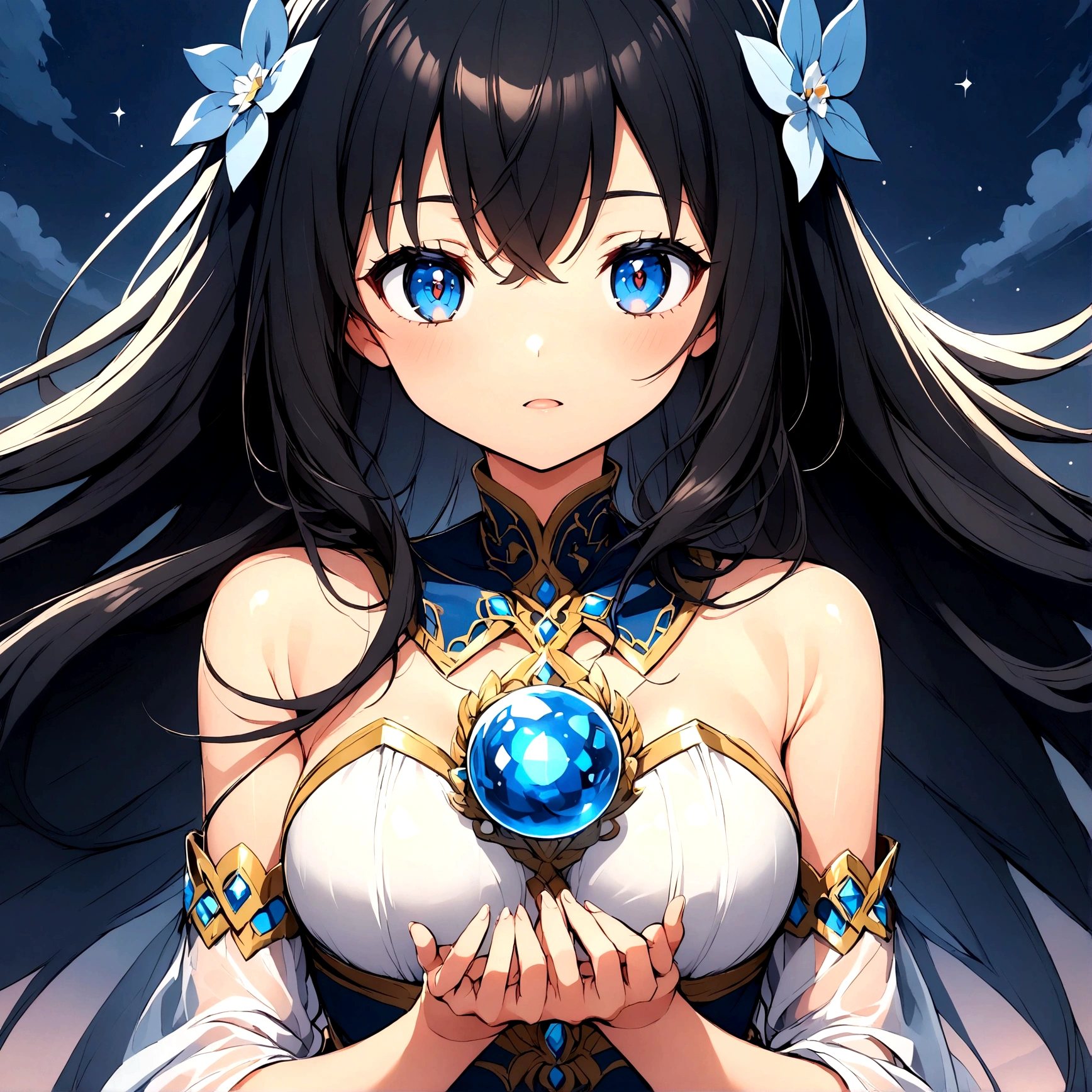 Anime girl with long black hair and blue eyes Mystical version