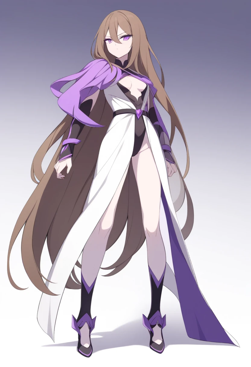 Illustrate a full-body anime girl with long, flowing brown hair, styled in a way that accentuates her confident and commanding presence. The character should have sharp, violet determined eyes and a poised expression.