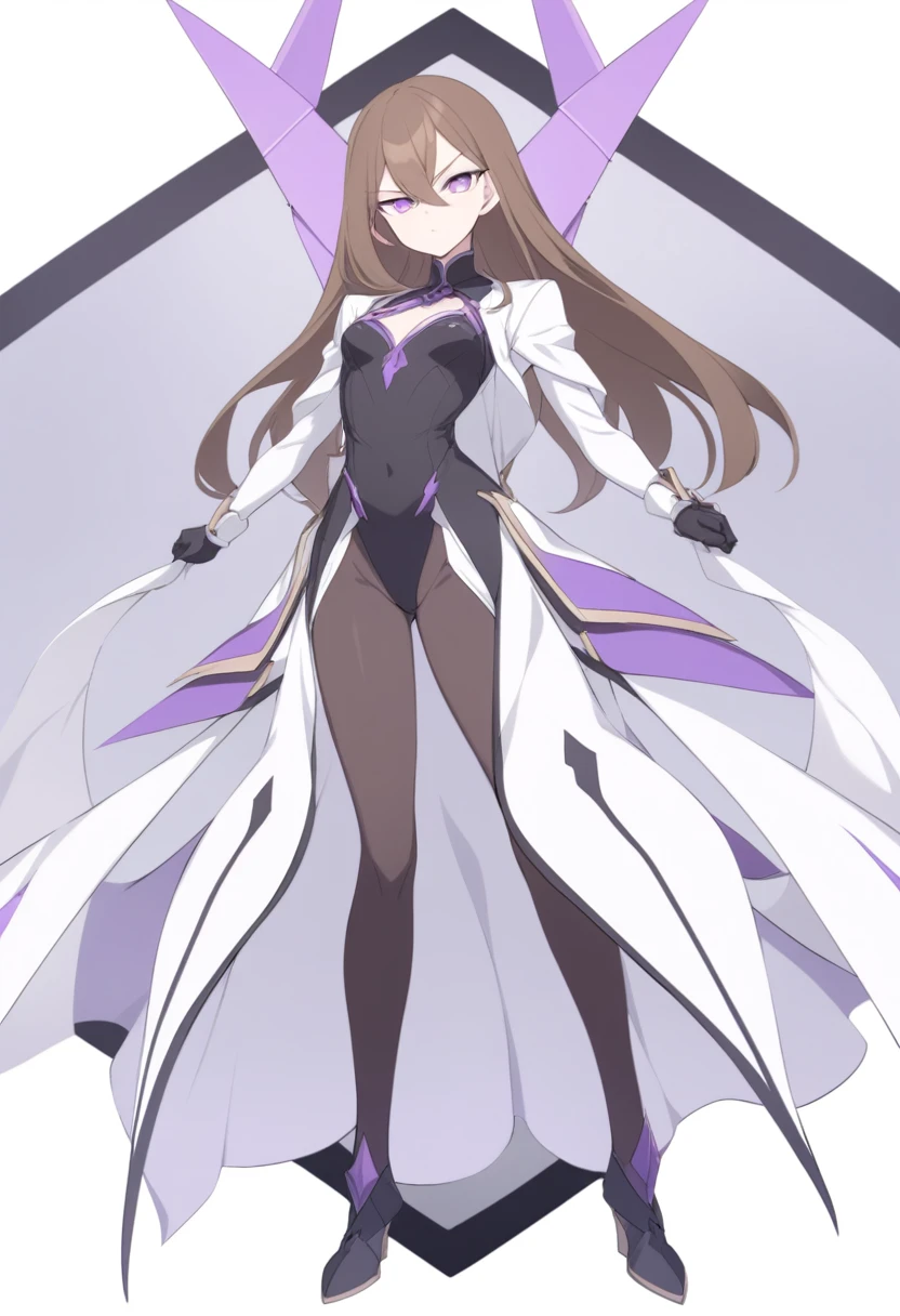 Illustrate a full-body anime girl with long, flowing brown hair, styled in a way that accentuates her confident and commanding presence. The character should have sharp,  violet determined eyes and a poised expression.