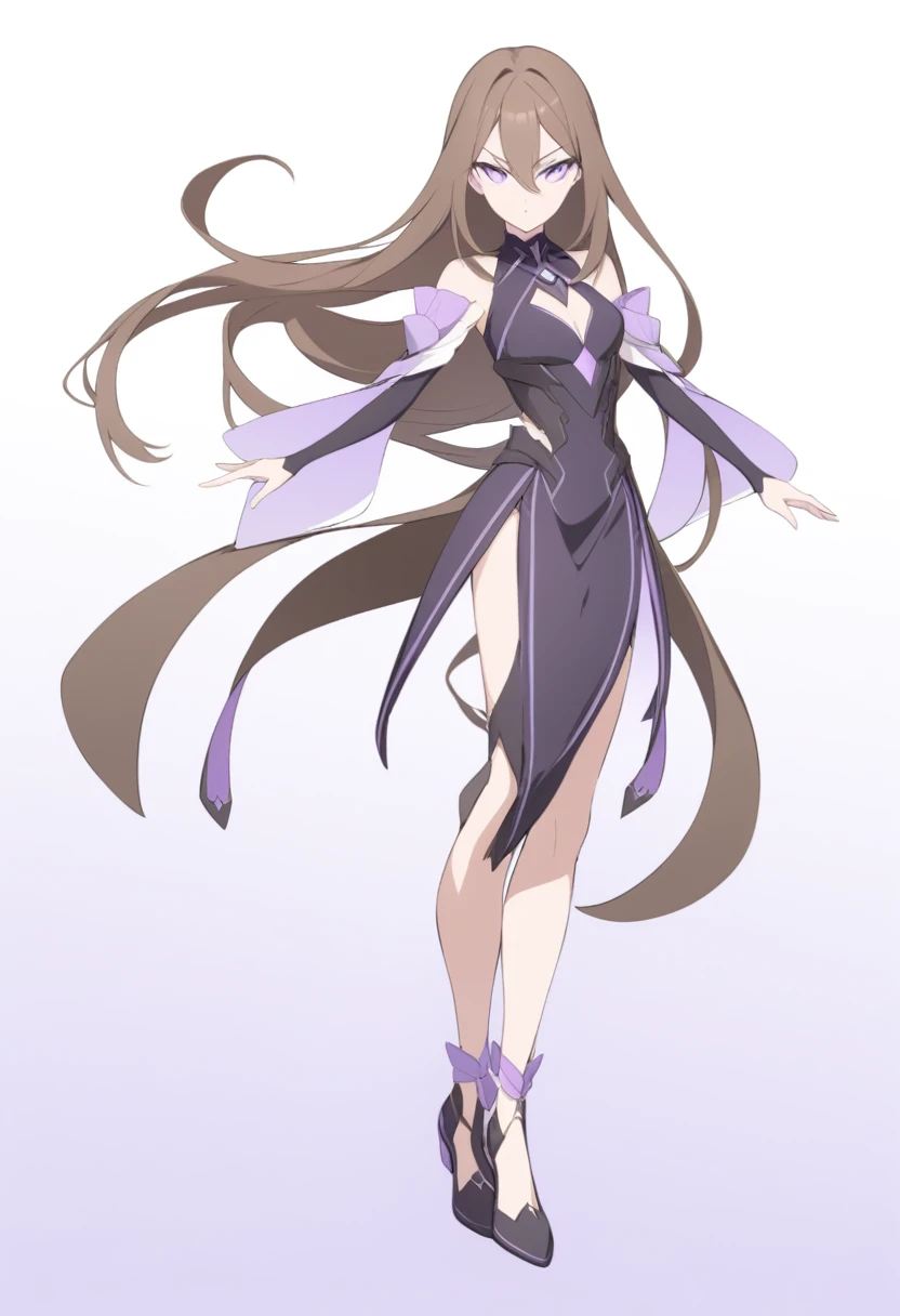 Illustrate a full-body anime girl with long, flowing brown hair, styled in a way that accentuates her confident and commanding presence. The character should have sharp, violet determined eyes and a poised expression.