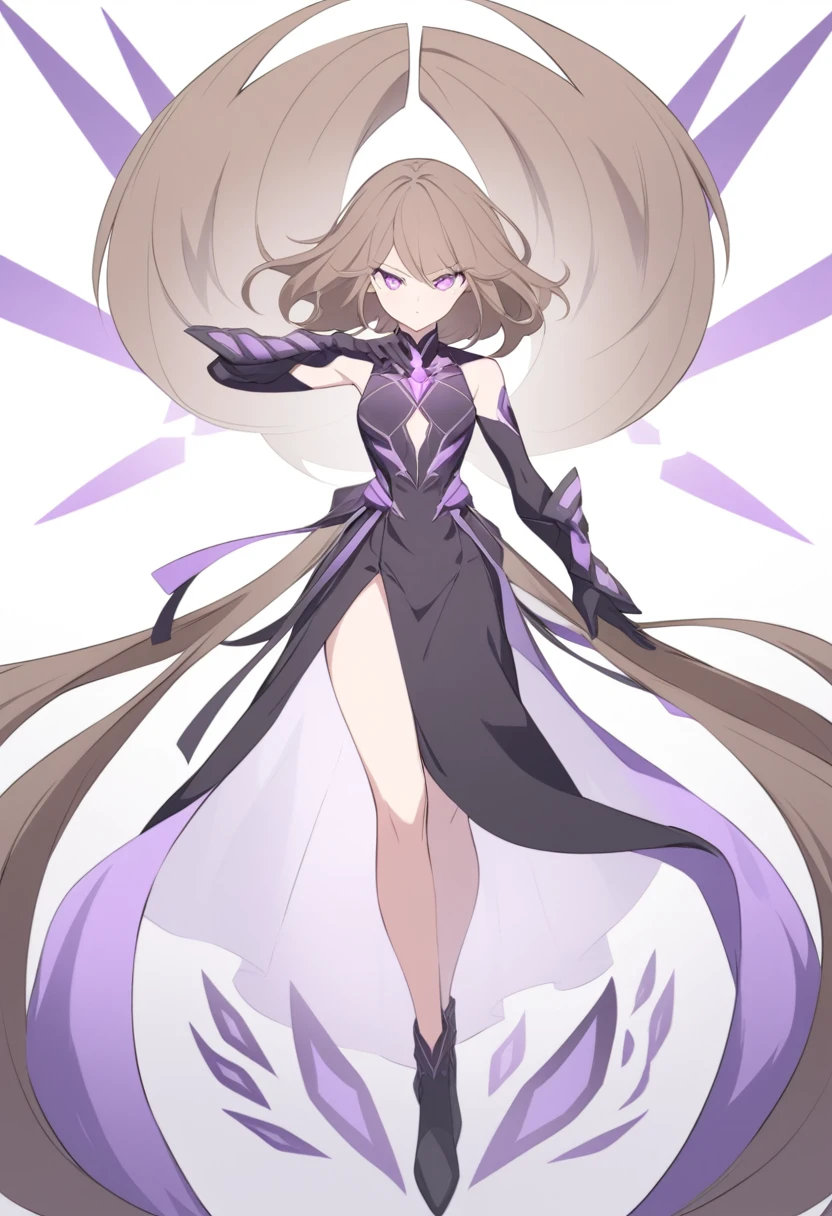 Illustrate a full-body anime girl with long, flowing brown hair, styled in a way that accentuates her confident and commanding presence. The character should have sharp, violet determined eyes and a poised expression.