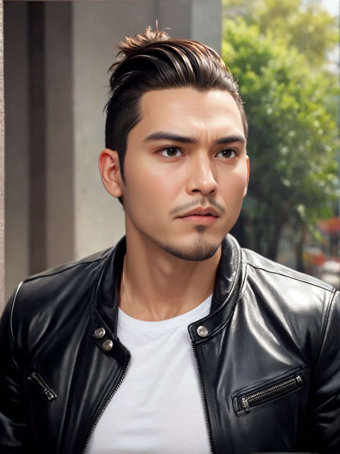 3d A man, wearing a white t-shirt, open black leather jacket, wearing a headband, Features high quality bright images, realistic details, cinematic, Full HD 16k.