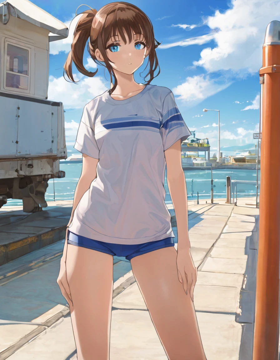 BREAK Perfect Anatomy、(High resolution:1.2)、Incredible illustrations、(Cute illustrations:1.2)、 ()(hip focus,from side ) (Beautiful background(breakwater,morning sun)) 1girl((brown hair,asymmetric bangs,twin tails, tanned skin: 1.3,blue eyes,fang)1girl((a girl,slender 1.7meters, 45kg, (( short T-shirt, hot pants,thigh-high socks, sandals),,cameltoe,))looking afar,open stance,beautiful ass