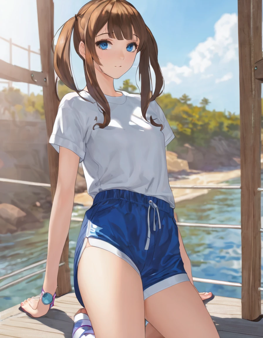 BREAK Perfect Anatomy、(High resolution:1.2)、Incredible illustrations、(Cute illustrations:1.2)、 ()(hip focus,from side ) (Beautiful background(breakwater,morning sun)) 1girl((brown hair,asymmetric bangs,twin tails, tanned skin: 1.3,blue eyes,fang)1girl((a girl,slender 1.7meters, 45kg, (( short T-shirt, hot pants,thigh-high socks, sandals),,cameltoe,))looking afar,open stance,beautiful ass