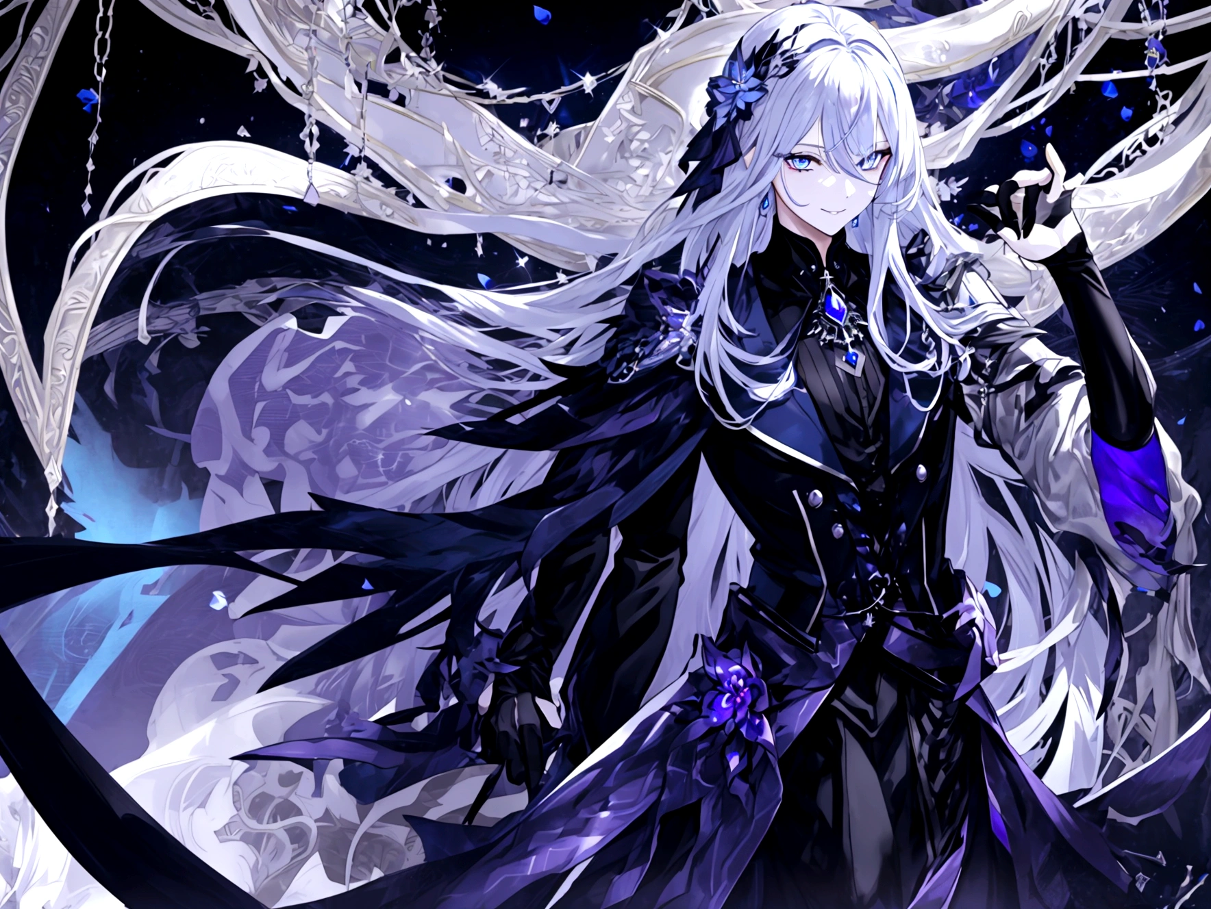 Guy, beautiful facial features, smile, squinted siren dark blue eyes without glare, silver and dark purple long hair with straight bang, fantasy black fit clothes with blue and purple elements, long black gloves, model, gorgeous, elegant, lots of silver jewelry, flowers in his hair, full body