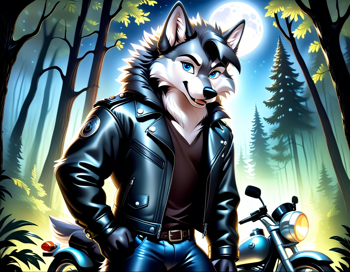 detailed illustration, dynamic angle, ultra-detailed, illustration, 1boy, leather jacked, wolf, silver wolfkin, blue eyes, standing in woods, disney style, happy, cartoon, leaning on a motorcycle, night
