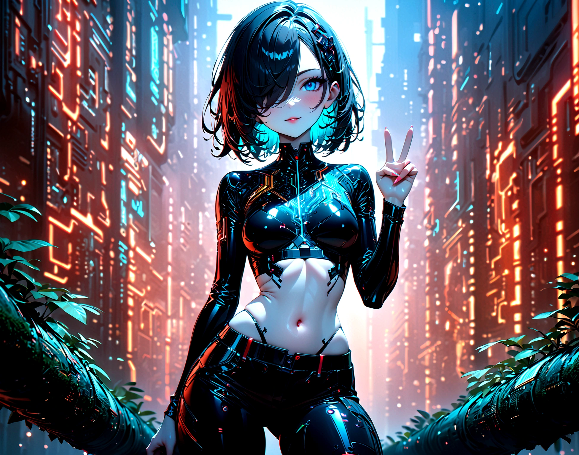 beautiful Cybernetics girl, hair over one eye, Hair accessories, (Delicate skin), Pale skin, black crop top made of circuit boards, Futuristic pants, on branch, v, Japanese words with glitter effect, cyberpunk background,Sensual, is attractive, (masterpiece:1.3), (best quality:1.3), (ultra detailed:1.3), 8k, extremely clear