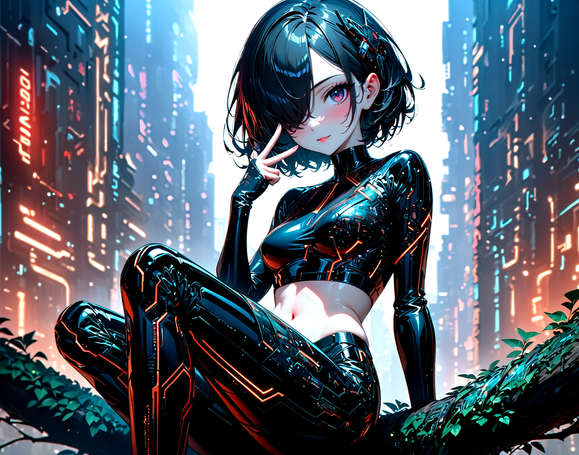 beautiful Cybernetics girl, hair over one eye, Hair accessories, (Delicate skin), Pale skin, black crop top made of circuit boards, Futuristic pants, on branch, v, Japanese words with glitter effect, cyberpunk background,Sensual, is attractive, (masterpiece:1.3), (best quality:1.3), (ultra detailed:1.3), 8k, extremely clear