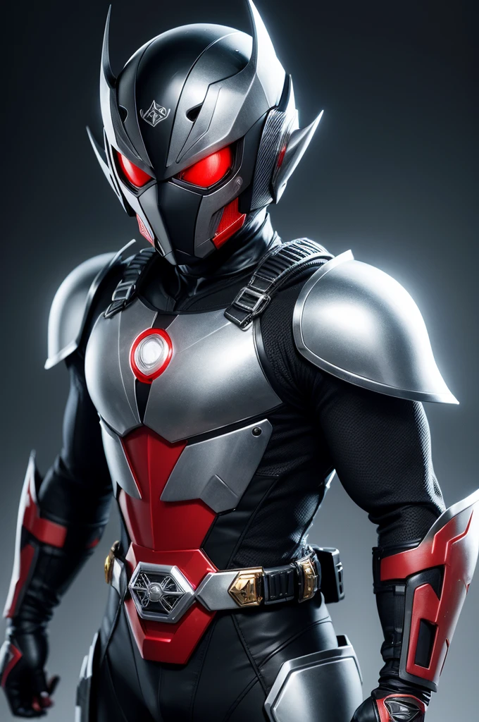Man, kamen rider, red eyes, black uniform, silver armor, golden details, technological belt, anime style