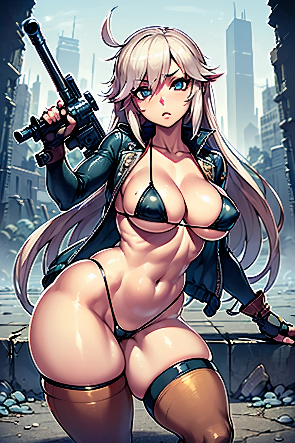 (Motor irreal:1.2), CG ultra realistak, (fotorrealista:1.1), (textura de la piel:1.1), woman, wearing (micro bikini:1.2), (open jacket:1.1), (tight thigh highs:1.2), (ultra mini bikini), (heavy gun:1.1), (shell casing), looking at viewer, bangs, (ammunition belt), (gloves:1.1), saggy breasts, firing, picture, (beautiful female, long hair, (black messy hair), delicate skin, (round breasts), (bubble butt), (wide hips:1.1), (slim waist:1.1), (thick thighs:1.1), (detailed face and eyes:1.2), (metal texture clothes), (standing on ruins), (holding a heavy sniper rifle in her hand:1.2), (detailed background), (perfect sniper rifle:1.2), (detailed hand and finger:1.2), (medium breasts:1.2), (busty), (deep cleavage:1.2), (labia outline:1.3), (hard teat:1.3).