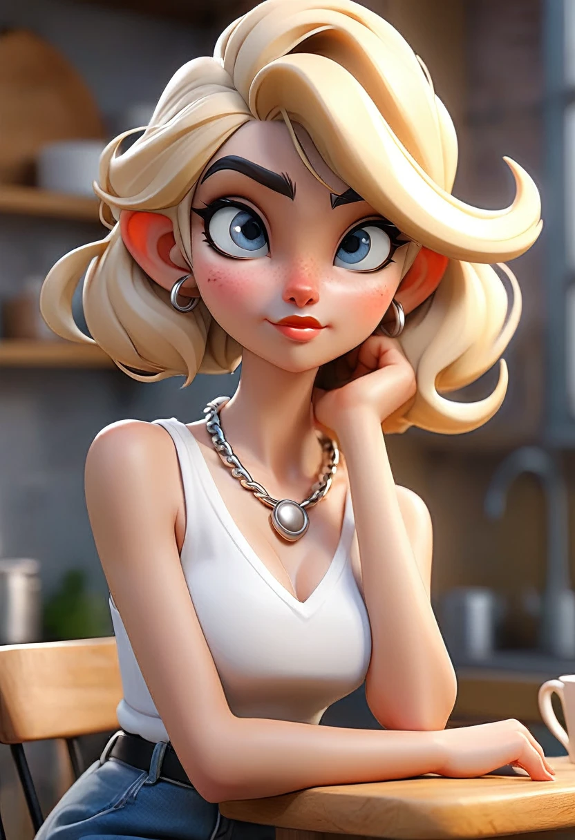 ((ultra quality)), ((tmasterpiece)), gnome girl, Short stature, ((blonde woman, hairlong)), (silver ear rings), (silver necklace around the neck), (Beautiful cute face), (beautiful female lips), Charming, ((sexy facial expression)), is looking at the camera, eyes are slightly closed, (Skin color: white), Body glare, ((detailed beautiful female eyes)), ((dark blue eyes)), (juicy female lips), (beautiful female hands), (A bit full figure, bun), ((perfect female figure)), perfect female body, Beautiful waist, Gorgeous hips, Beautiful medium breasts, ((Subtle and beautiful)), sits seductively on a chair (close-up of the face), (wearing blackface jeans, white tanktop) background: in a kitchen ((Depth of field)), ((high quality clear image)), (crisp details), ((higly detailed)), Realistic, Professional Photo Session, ((Clear Focus)), the anime