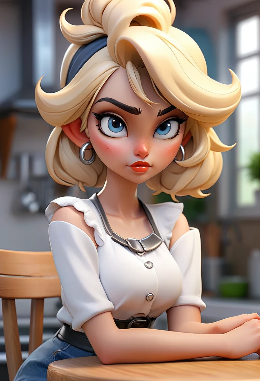 ((ultra quality)), ((tmasterpiece)), gnome girl, Short stature, ((blonde woman, hairlong)), (silver ear rings), (silver necklace around the neck), (Beautiful cute face), (beautiful female lips), Charming, ((sexy facial expression)), is looking at the camera, eyes are slightly closed, (Skin color: white), Body glare, ((detailed beautiful female eyes)), ((dark blue eyes)), (juicy female lips), (beautiful female hands), (A bit full figure, bun), ((perfect female figure)), perfect female body, Beautiful waist, Gorgeous hips, Beautiful medium breasts, ((Subtle and beautiful)), sits seductively on a chair (close-up of the face), (wearing blackface jeans, white tanktop) background: in a kitchen ((Depth of field)), ((high quality clear image)), (crisp details), ((higly detailed)), Realistic, Professional Photo Session, ((Clear Focus)), the anime