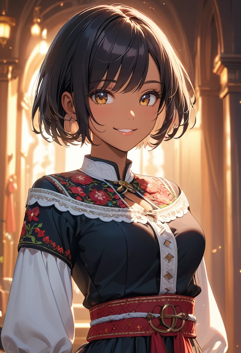 ((top quality)), ((masterpiece)), (detail), high resolution, perfect face, detailed eyes, fine eyes, cinematic lighting, (1 beautiful tan skin girl), black hair, (pixie cut), ((Chiemsee Tracht)), Luxurious embroidery, medium breasts, smile,