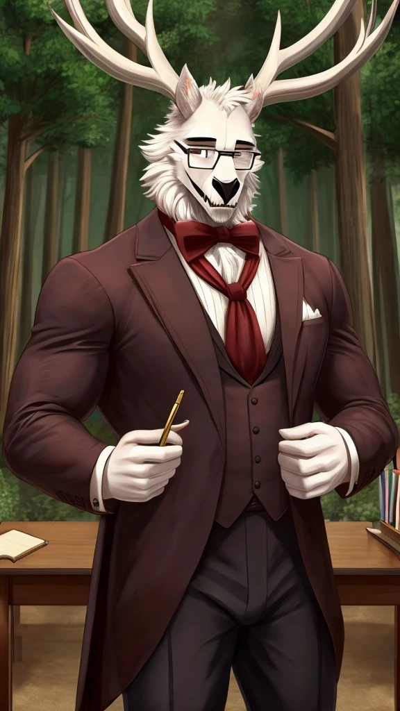 ((detaild)), ((masterpiece)), Furry, teacher, wendigo, male, muscular, in gentleman clothes, in the forest, furred body, using glasses, in the classroom, small smirk, flustered.