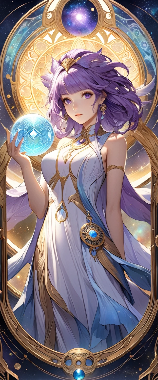 A woman with long silver-white and purple hair in a dress is holding a crystal ball and an astrology device, Mysterious runes magic circle background.digital art by Cynthia Sheppard, PIXIV, fantasy art, Beautiful celestial mage, anime fantasy artwork, Goddess of Heaven, Anime art nouveau universe display, Time Goddess, Anime Fantasy Illustrations, Detailed key animation art, Beautiful fantasy anime, Shadowverse Style, galaxy goddess