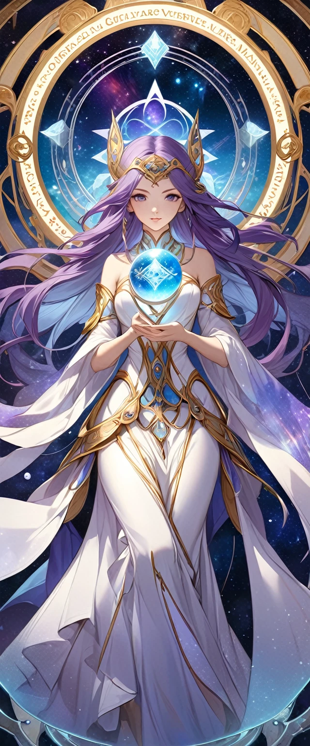 A woman with long silver-white and purple hair in a dress is holding a crystal ball and an astrology device, Mysterious runes magic circle background.digital art by Cynthia Sheppard, PIXIV, fantasy art, Beautiful celestial mage, anime fantasy artwork, Goddess of Heaven, Anime art nouveau universe display, Time Goddess, Anime Fantasy Illustrations, Detailed key animation art, Beautiful fantasy anime, Shadowverse Style, galaxy goddess