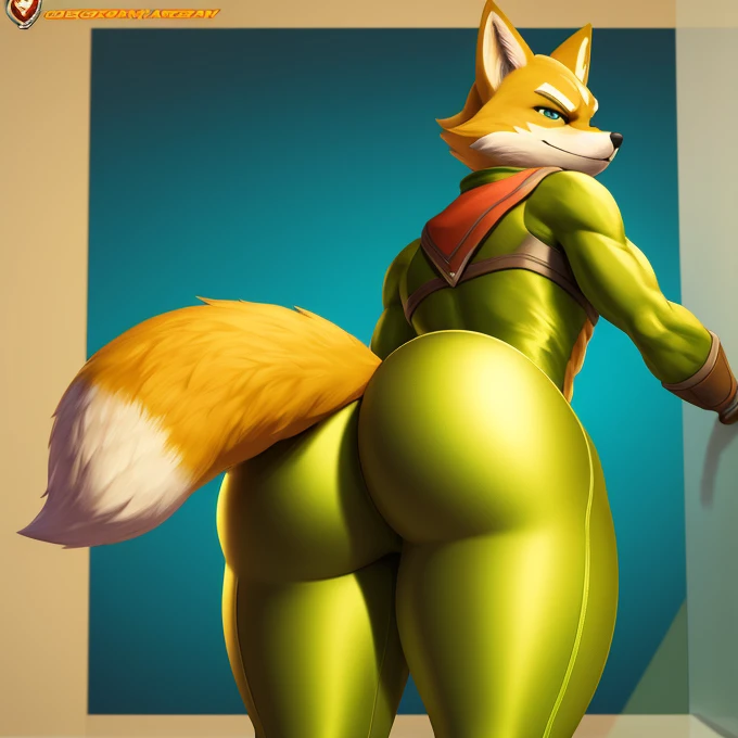 Starfox Adventures Fox McCloud, male, gay, fit slim skinny body, lean curvy torso, very plump butt, thick round glutes, toned plump ass, solo, standing upright, sexy gay plump butt, ass facing viewer, extremely defined butt, extremely skin tight green silk pants, solo