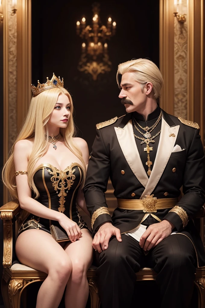 Blonde dark queen and dark king with mustache sitting flirting on the throne