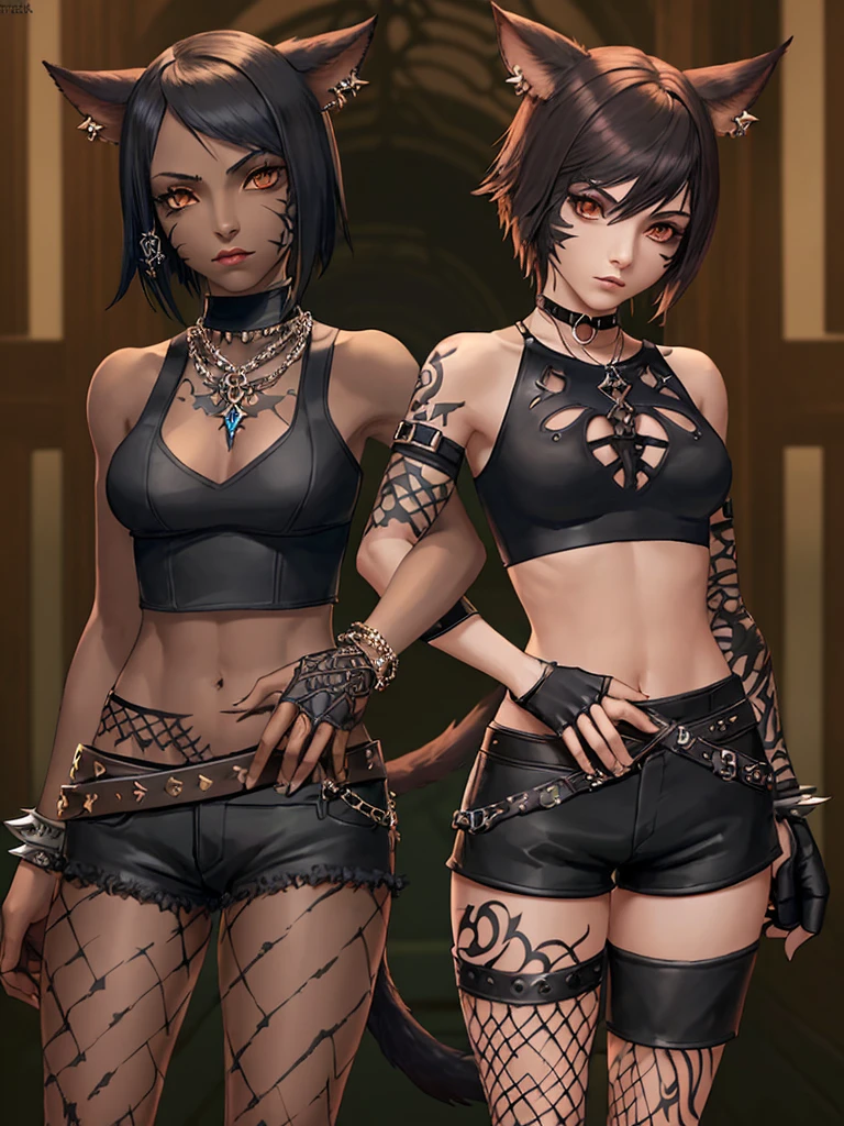1girl, alone, short hair, breasts, looking at viewer, brown hair, gloves, navel, hyena ears, cleavage, brown eyes, medium breasts, closed mouth, standing, tail, cowboy shot, midriff, indoors , cat ears, dark skin , fingerless gloves, dark skin woman, tattoo, abdomen, toned, ear piercing, arm tattoo, avatar gloves \(ff14\), jewelry, pantyhose, shorts, choker, midriff, fingerless gloves, necklace, collar, long black shirt, tattoo, black shorts, fishnets, spikes, fishnet pantyhose, goth, dark skin,