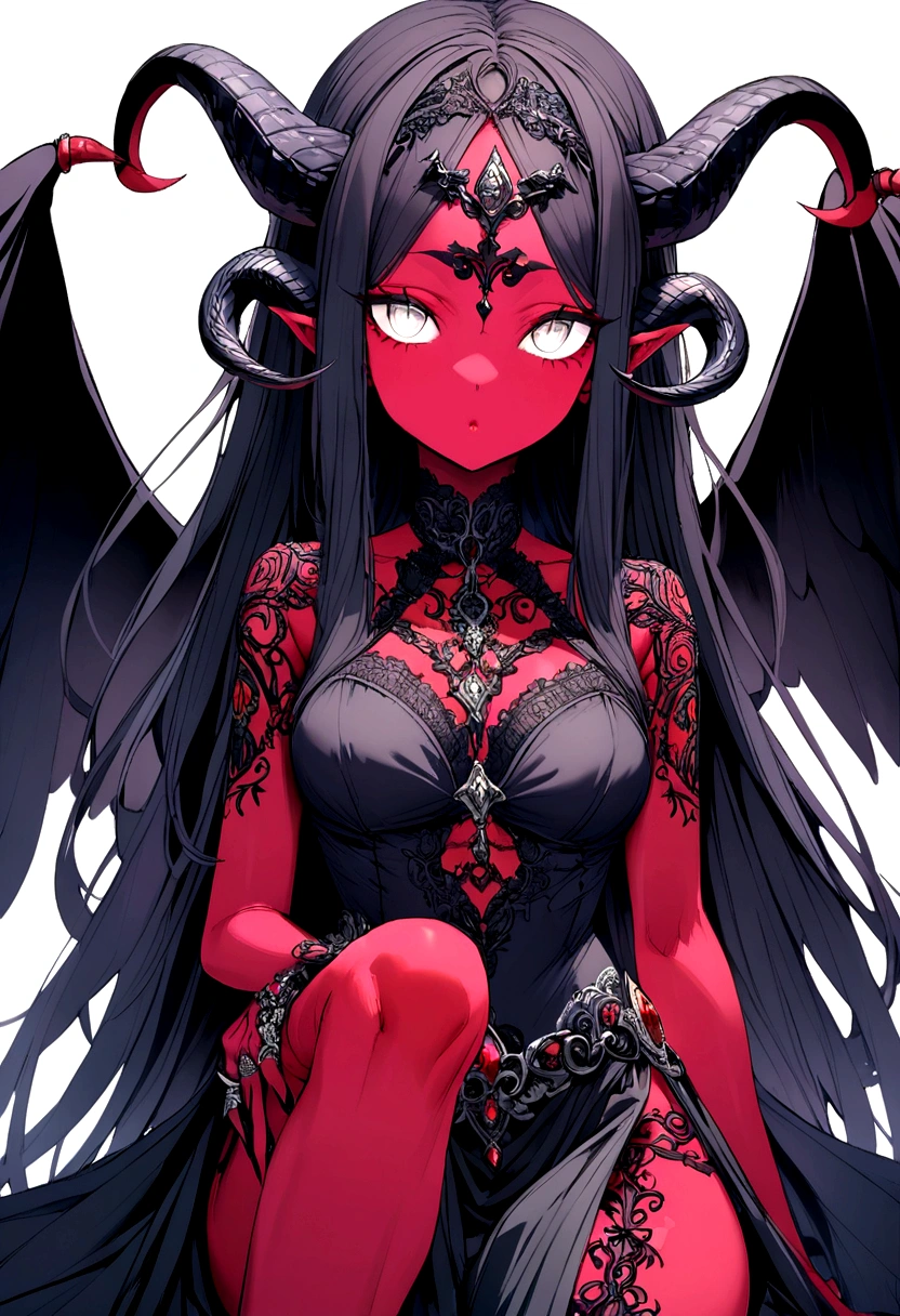 A devil goddess with horns and red skin and black wings with white eyes and a witch's nose