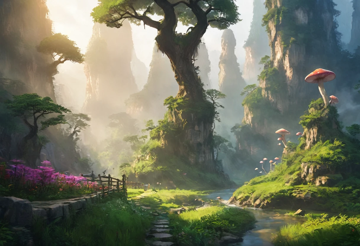 tmasterpiece，Best quality at best，high high quality，the Extremely Detailed CG Unity 8K Wallpapers，A charming dream scene in Zhangjiajie，towering trees，Glowing mushrooms and hidden fairy canyons，Creates a mysterious and captivating feeling，artstation，digital illustrations，complex，Uptrend，pastel colour，oil painted，award winning photography，bokeh，depth of fields，HDR，blooms，color difference，Reality，The is very detailed，ArtStation Trends，CGSociety trends，complex，high detal，dramaticidjourney Art