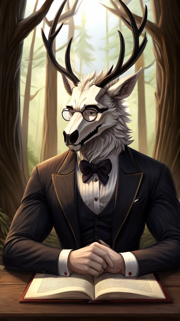 ((detaild)), ((masterpiece)), Furry, teacher, wendigo, male, muscular, in gentleman clothes, in the forest, furred body, using glasses, in the classroom, small smirk, flustered.