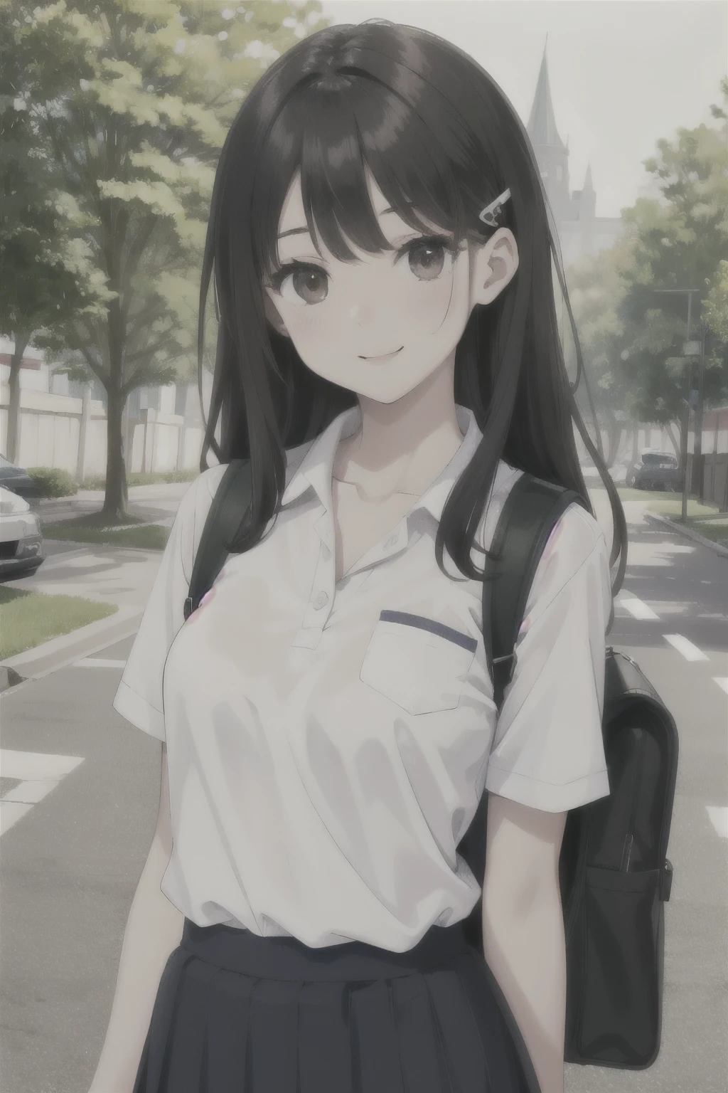 ((best quality)), ((masterpiece)), (details), one girl, sexy ((best quality)), ((masterpiece)), (details), one girl, sexy ((best quality)), ((masterpiece)), (details), one girl, full body, sexy expensive body, expensive, long legs, mature woman, mature, adult, it_nagatoro_main, Hayase Nagatoro, one girl, blushing, alone, uniform polo shirt, short sleeves, black hair, bag, brown eyes, hair accessory, looking at viewer, hair clip, outdoors, backpack, smiling, long hair, dark skinned woman, dark skin, , bangs, daytime, skirt, collared shirt, collarbone, ear clip, mouth closed, tree, asymmetrical bangs, upper body