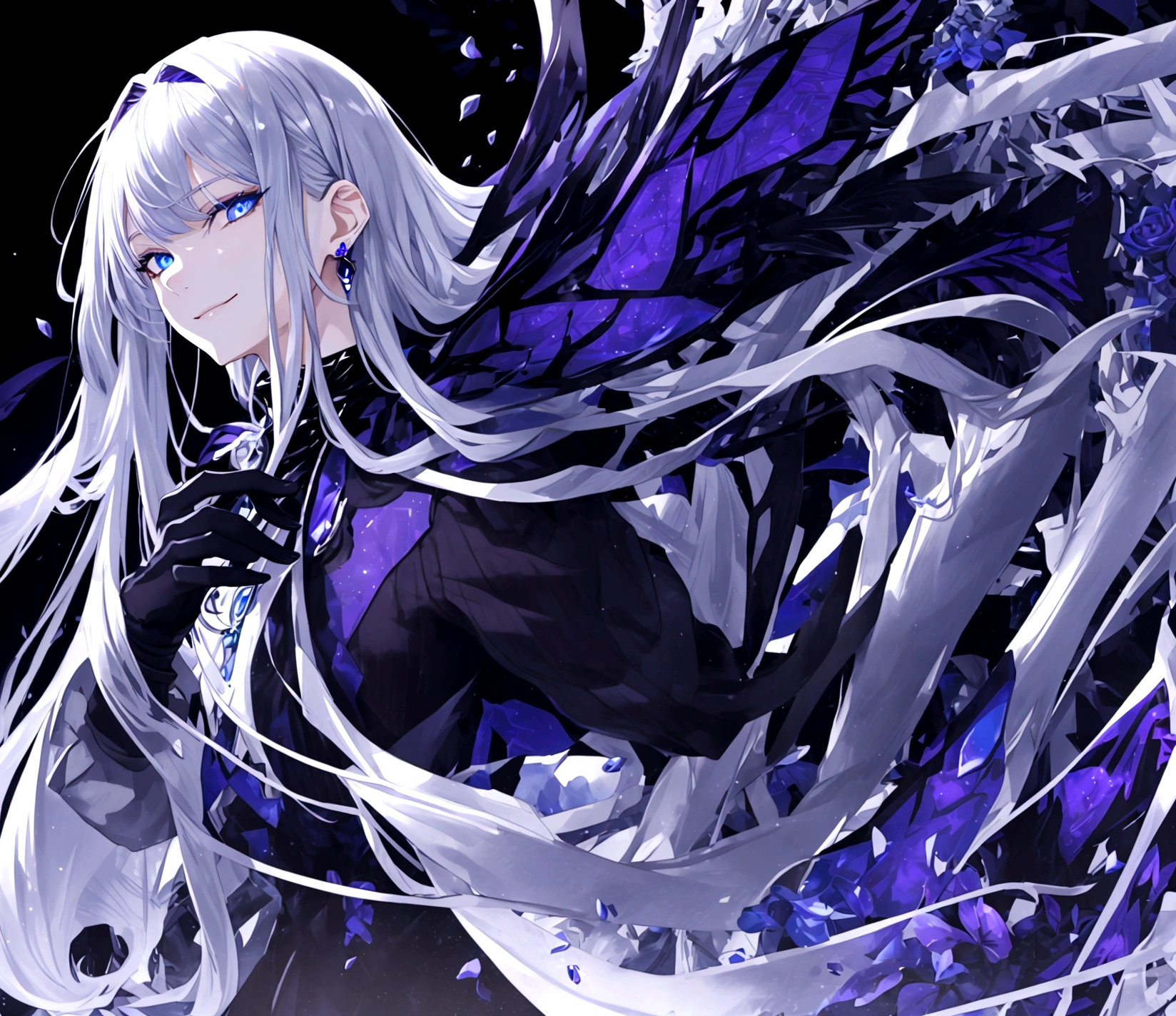 Guy, beautiful facial features, smile, squinted siren dark blue eyes without glare, silver and dark purple long hair with straight bang, fantasy black fit clothes with blue and purple elements, long black gloves, model, gorgeous, elegant, lots of silver jewelry, flowers in his hair, full body