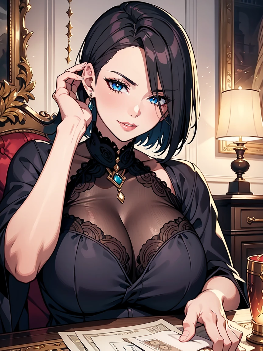 A close-up shot of a stepmother's face, lit by soft candlelight, as she seductively whispers to her stepson. Her eyes gleam with a knowing glint, her lips curled into a sly smile. The camera pans out to reveal the opulent surroundings, rich fabrics and ornaments adorning the walls. The stepson, dressed in casual attire, sits opposite her, his eyes glazed over in a mixture of pleasure and desperation. His hands tremble as he holds a wad of cash, ready to hand it over to her as she continues to whisper sweet nothings in his ear., nsfw, 1mature woman, solo, evil MILF, 35yo, temple undercut extra short hair, evil smile