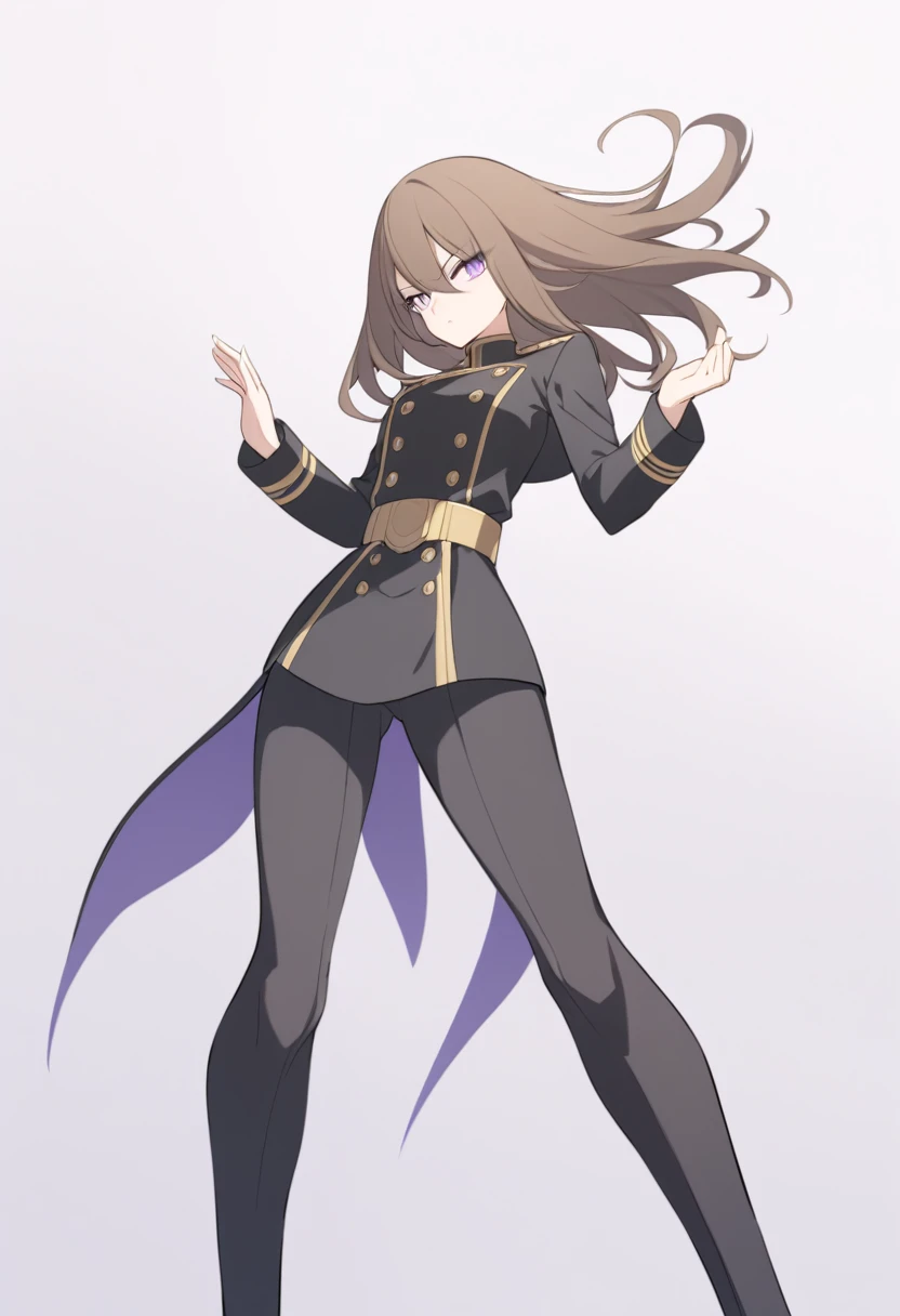 Illustrate a full-body anime girl with long, flowing brown hair,  wearing a long black military uniform with gold buttons, styled in a way that accentuates her confident and commanding presence. The character should have sharp,  violet determined eyes and a poised expression.