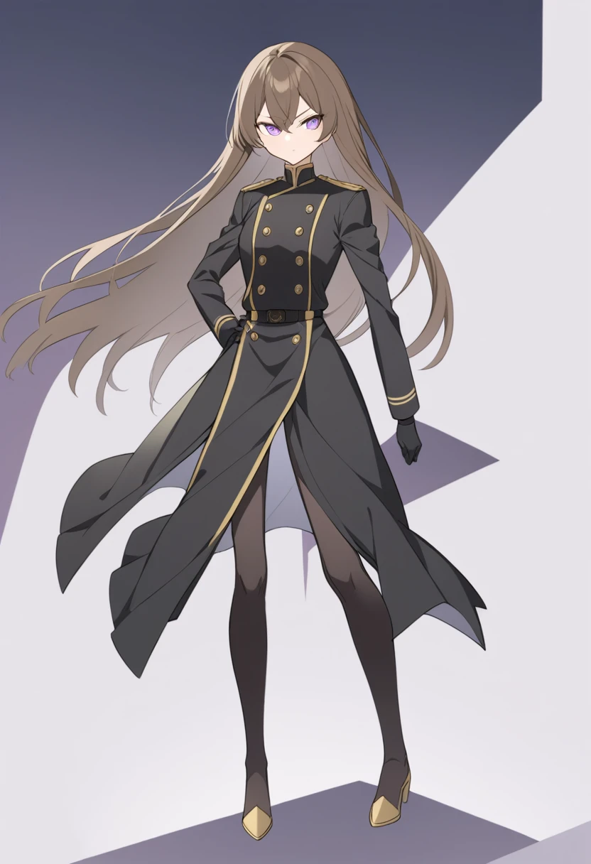 Illustrate a full-body anime girl with long, flowing brown hair, wearing a long black military uniform with gold buttons, styled in a way that accentuates her confident and commanding presence. The character should have sharp, violet determined eyes and a poised expression.