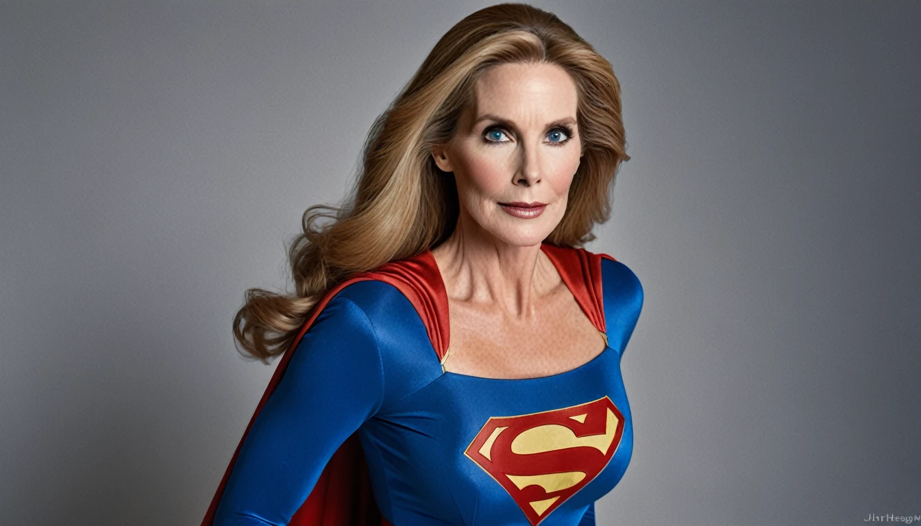 sexy old Julie Hagerty Supergirl; HD. Photograph, ((realism)), extremely high quality RAW photograph, ultra detailed photograph, sharp focus, high resolution, (detailed skin:1,3),high quality, film grain, Fujifilm XT3,Highly Detailed, movie, (Cinematic Photo:1.3) of (Realistic:1.3)