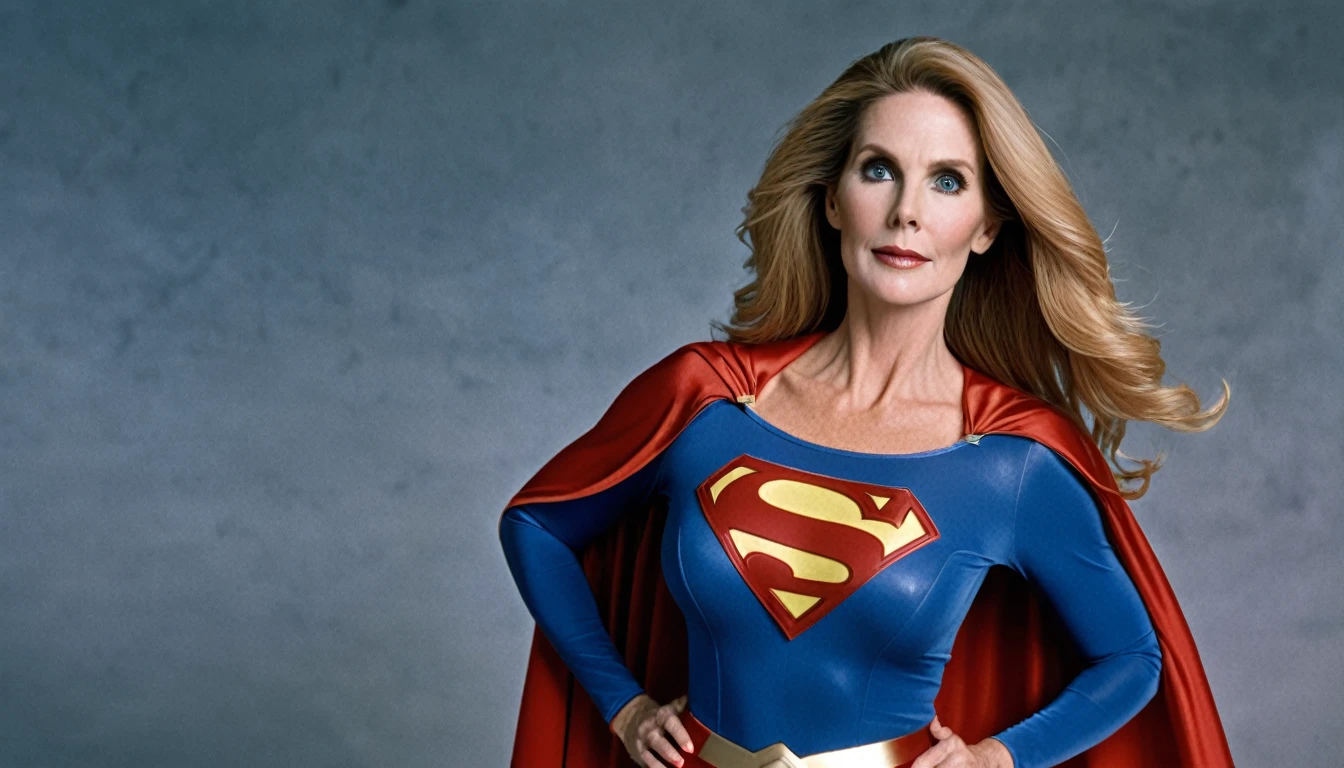 sexy old Julie Hagerty Supergirl; HD. Photograph, ((realism)), extremely high quality RAW photograph, ultra detailed photograph, sharp focus, high resolution, (detailed skin:1,3),high quality, film grain, Fujifilm XT3,Highly Detailed, movie, (Cinematic Photo:1.3) of (Realistic:1.3)
