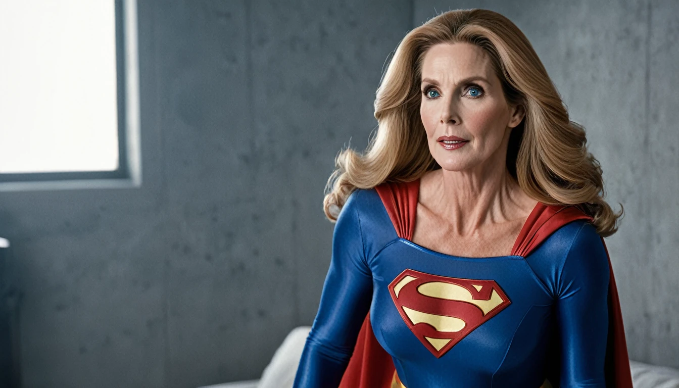 sexy old Julie Hagerty Supergirl; HD. Photograph, ((realism)), extremely high quality RAW photograph, ultra detailed photograph, sharp focus, high resolution, (detailed skin:1,3),high quality, film grain, Fujifilm XT3,Highly Detailed, movie, (Cinematic Photo:1.3) of (Realistic:1.3)