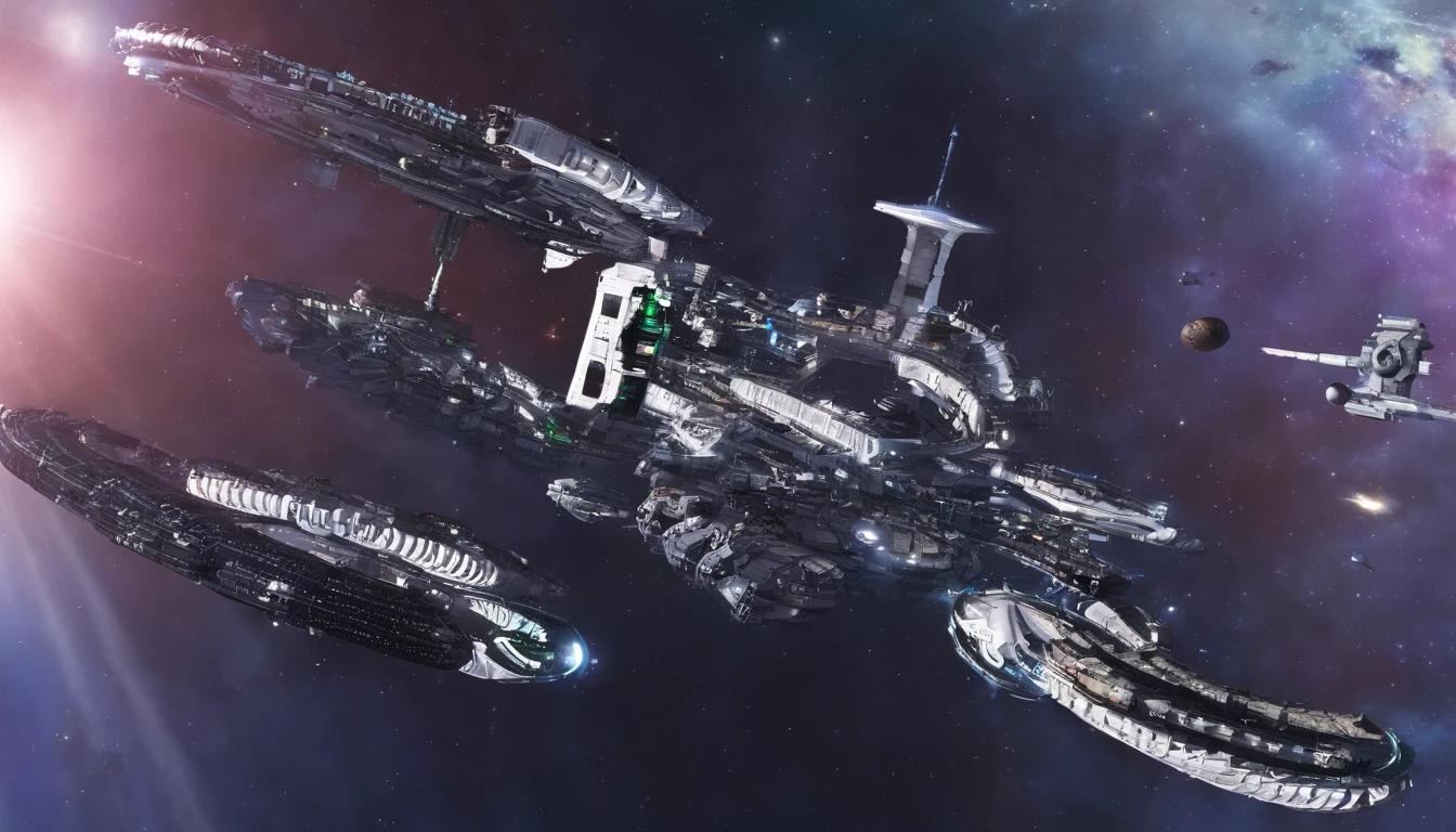 (((The space station is massively bigger than Babylon 5, but in the shape of Deep Space 9))). (((The space station has 6 O'Neal Class space stations off in 5 directions, & 1 down the middle))).There are hundreds of starships going to & fro, from the station, at any hour of the day. This station is a nod, to J. Michael Strazynski, H.G. Wells, Stanley Kubrick, & Benjamin Franklin, Jules Verne.