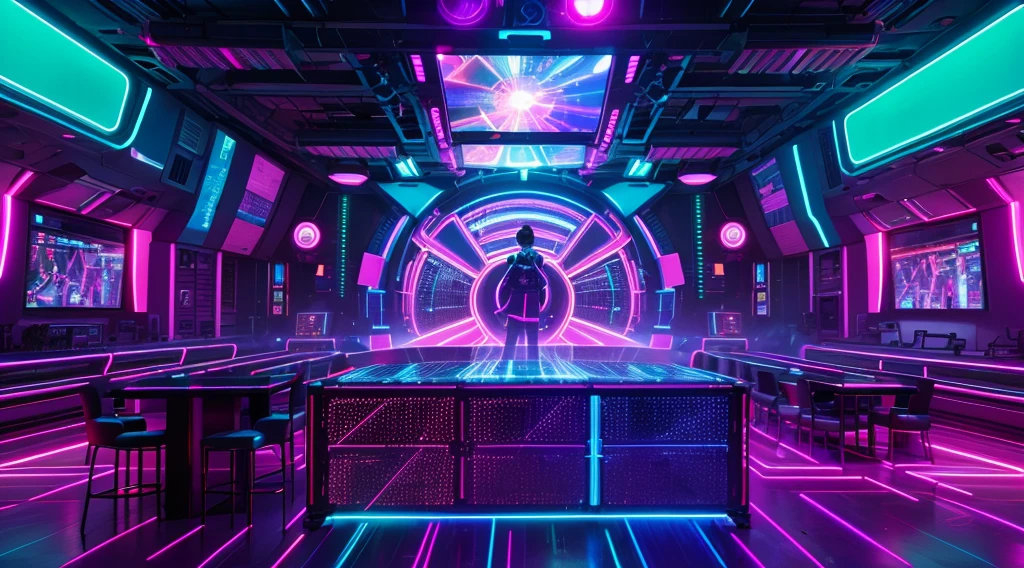 "Create an electrifying scene of a futuristic nightclub. The interior should be filled with vibrant neon lights in shades of electric blue, neon pink, and bright green. The dance floor is packed with people, dancing energetically to the beat of club music. Incorporate elements like laser beams cutting through the smoky air, holographic visuals projected on the walls, and a DJ booth with high-tech equipment. The atmosphere should be dynamic and high-energy, capturing the essence of a pulsating nightclub experience.