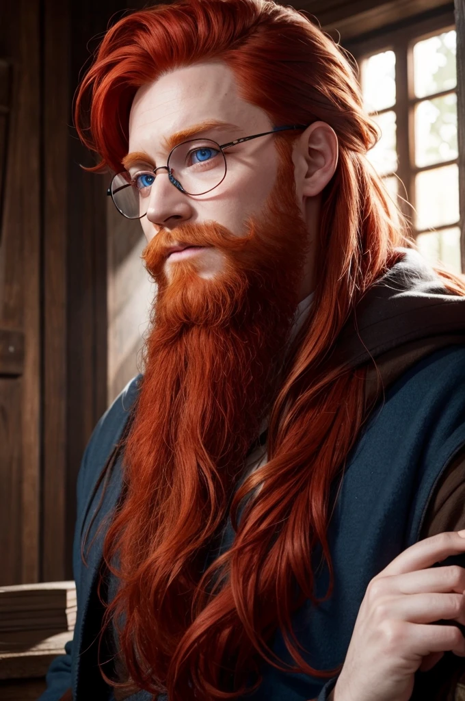 Harry potter ,blue-eyed redhead with red beard , and glasses
