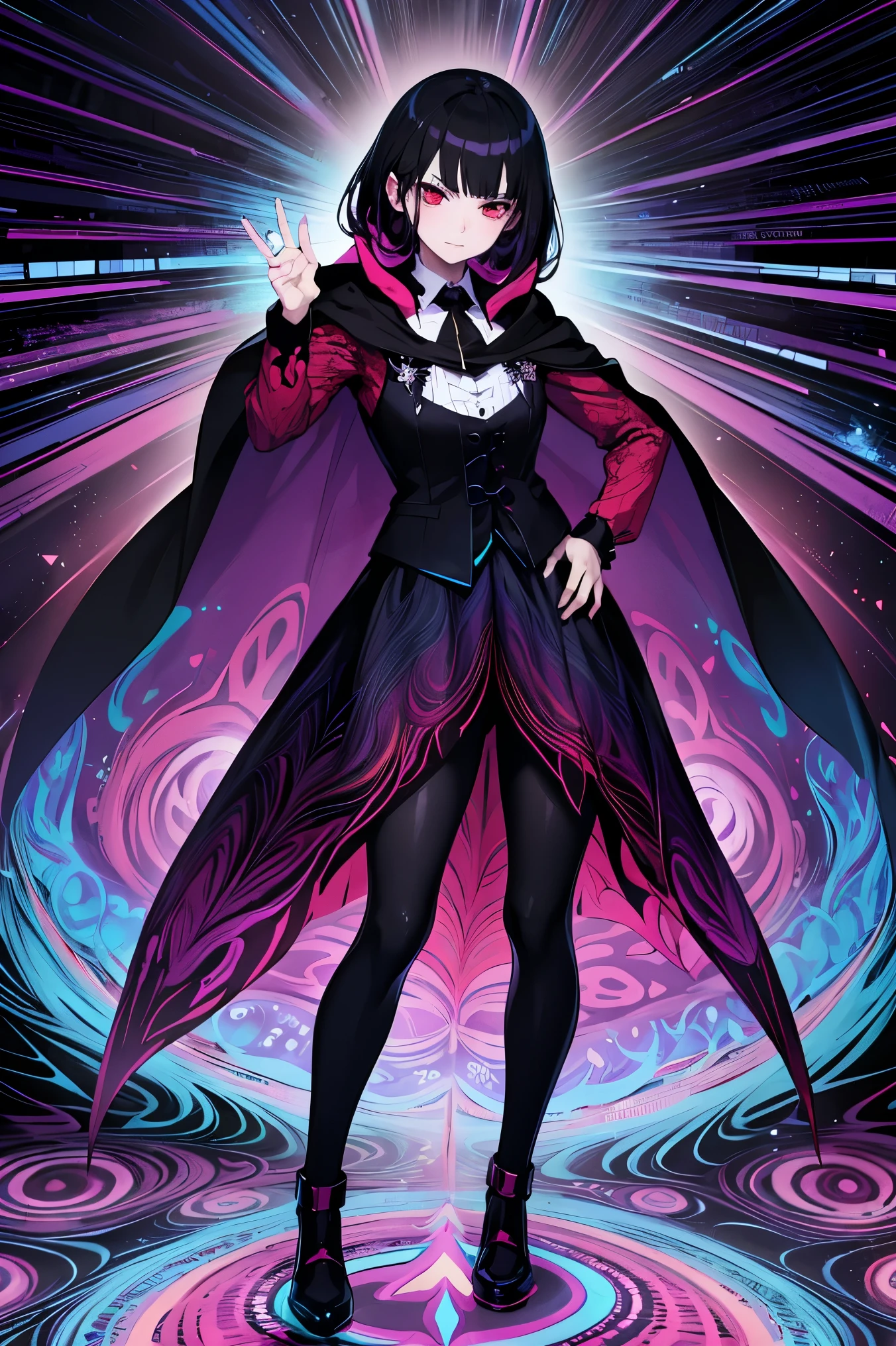 (psychedelic art:1.5), anime female character, black hair, bangs, red eyes, vest, black cloak, full body shot, pose, elegant, bangs, ouji fashion, "Black Butler" inspired outfit., anime, Gothic art, masterpiece, anatomically correct, accurate, high details, highres, 4K