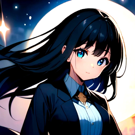 Anime girl with long black hair and blue eyes Mystical version