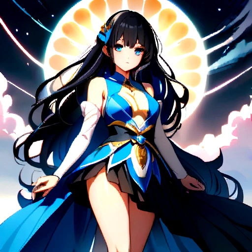Anime girl with long black hair and blue eyes Mystical version